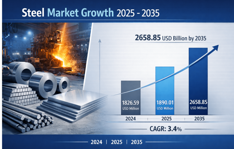 Steel Market is Projected to Grow from USD 1,890.01 Billion in 2025 to USD 2,658.85 Billion by 2035, at a CAGR of 3.47%